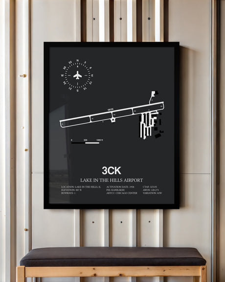 Framed Detailed Airport Map of Lake in the Hills Airport (3CK) in Gray with a Black Frame