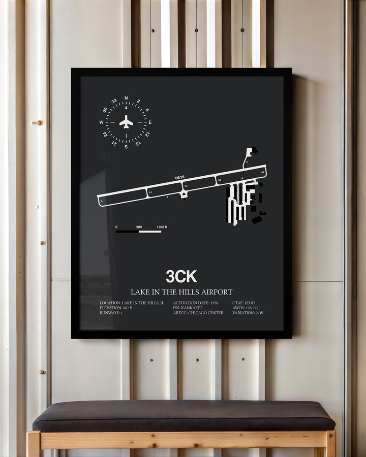 Framed Detailed Airport Map of Lake in the Hills Airport (3CK) in Gray with a Black Frame