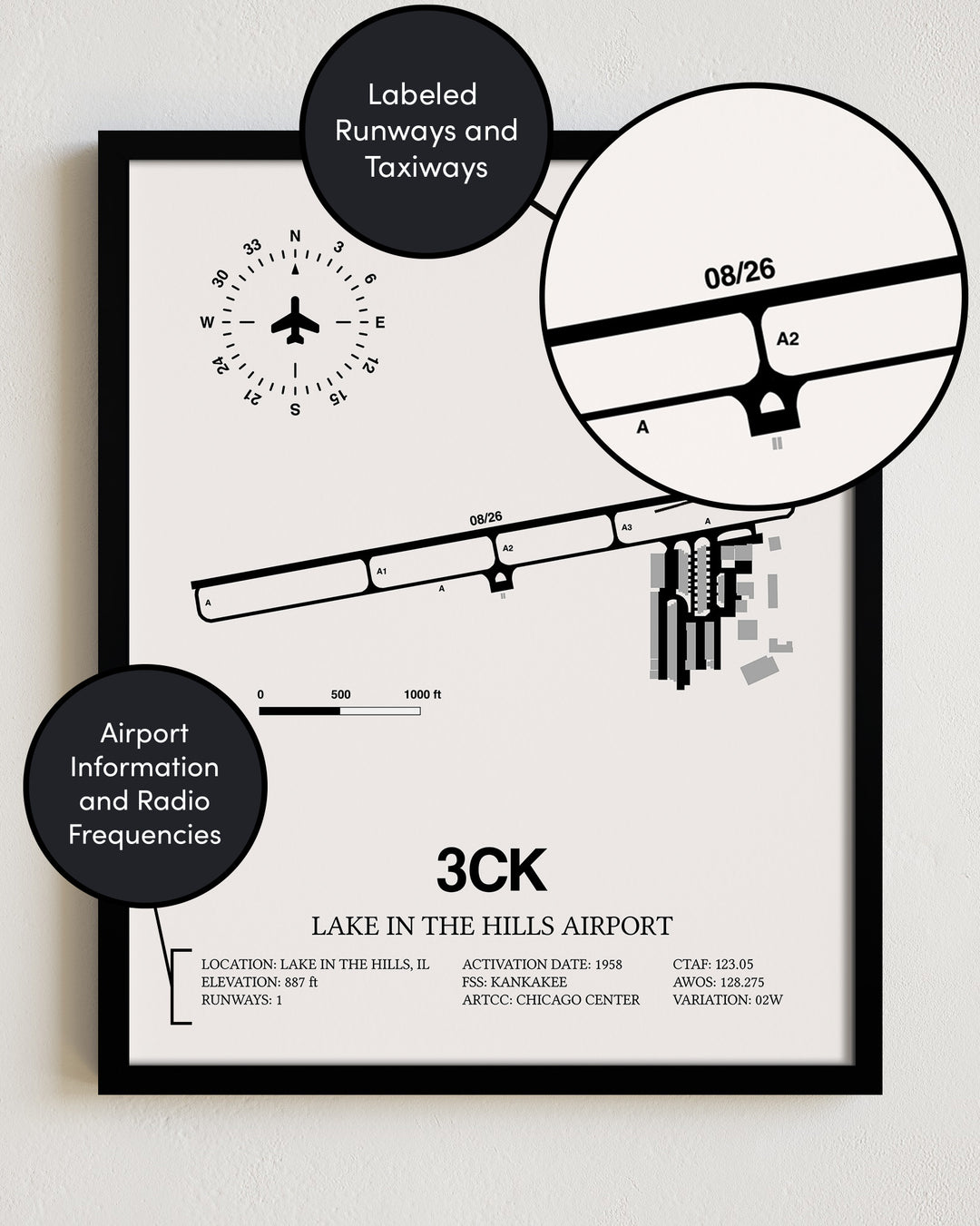 Framed Detailed Airport Map of Lake in the Hills Airport (3CK) in White with a Black Frame