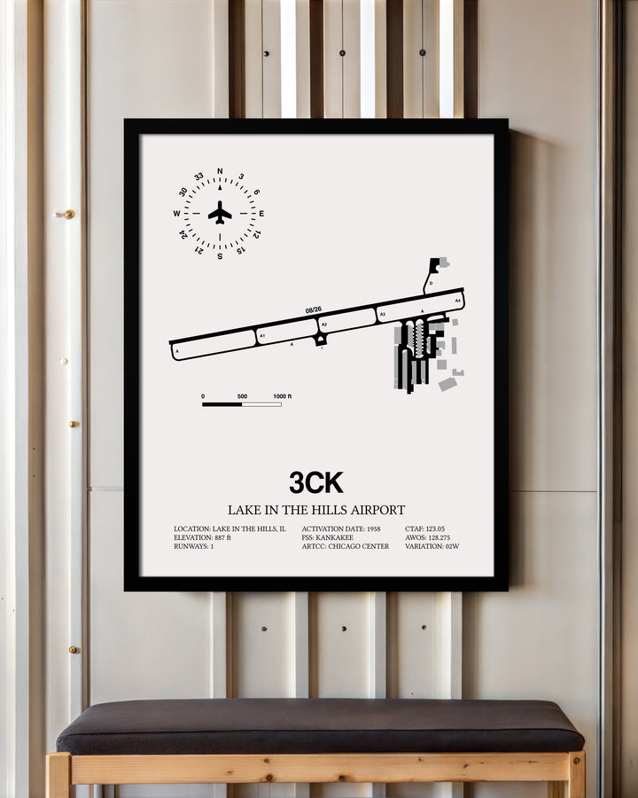Framed Detailed Airport Map of Lake in the Hills Airport (3CK) in White with a Black Frame
