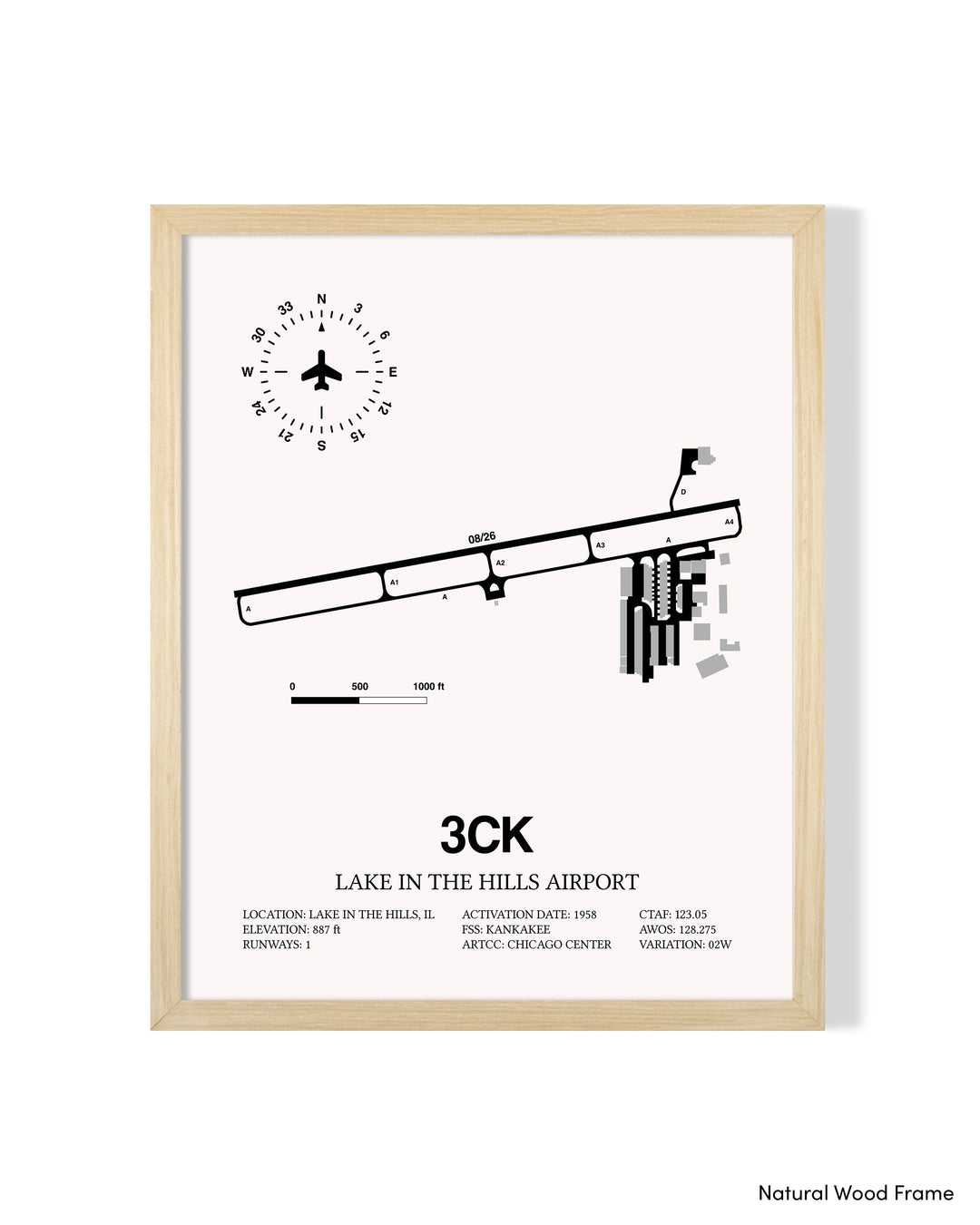 Detailed Airport Map of Lake in the Hills Airport (3CK) in White with a Natural Frame