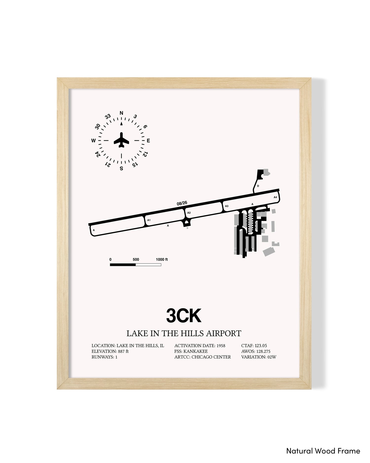 Detailed Airport Map of Lake in the Hills Airport (3CK) in White with a Natural Frame