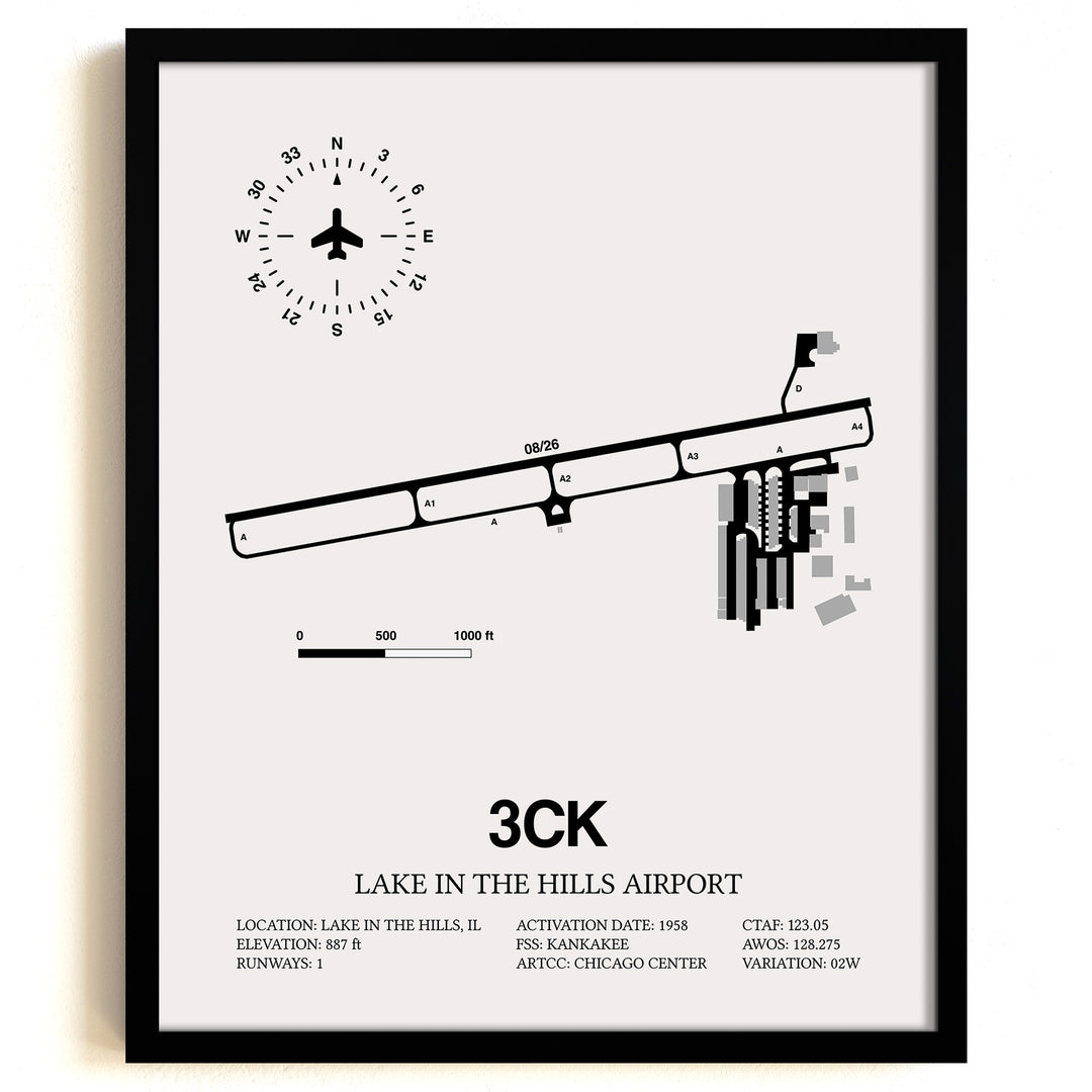 Framed Detailed Airport Map of Lake in the Hills Airport (3CK) in White with a Black Frame
