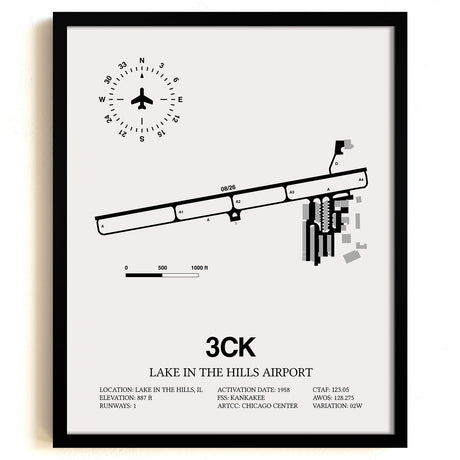 Framed Detailed Airport Map of Lake in the Hills Airport (3CK) in White with a Black Frame