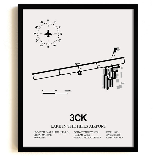 Framed Detailed Airport Map of Lake in the Hills Airport (3CK) in White with a Black Frame