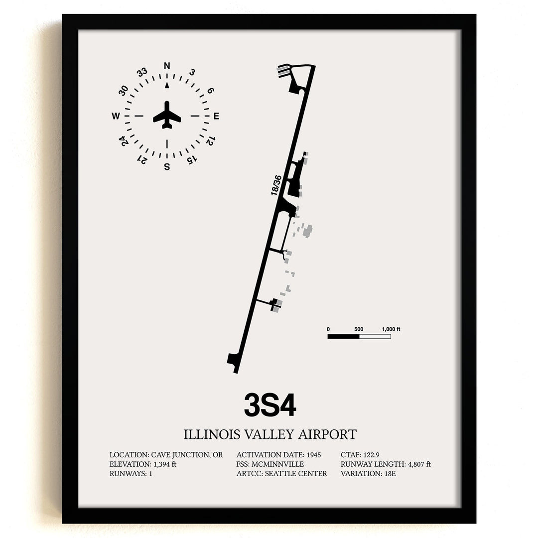 Framed Detailed Airport Map of Illinois Valley Airport (3S4) in White with a Black Frame