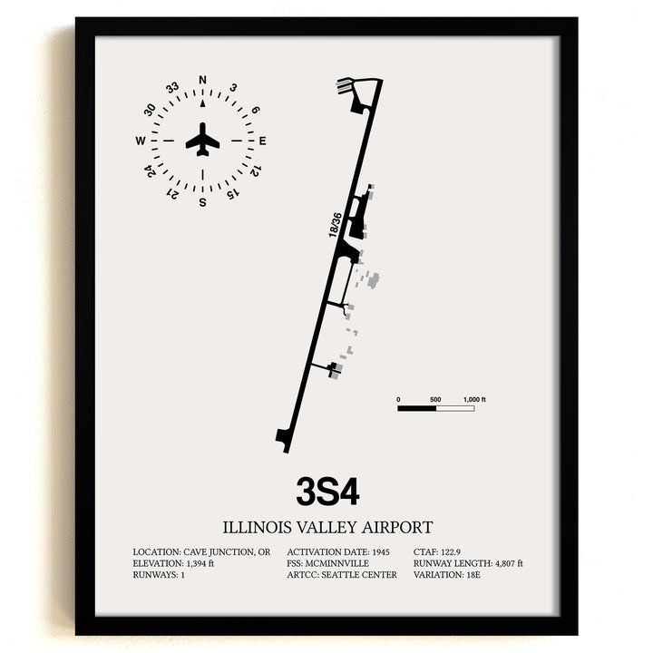Framed Detailed Airport Map of Illinois Valley Airport (3S4) in White with a Black Frame