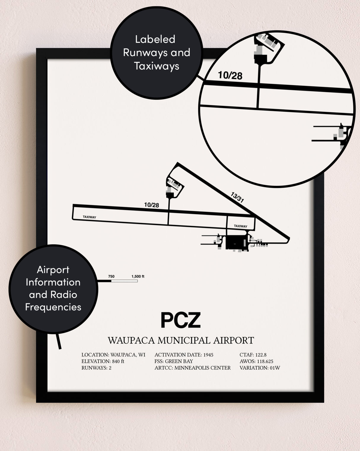 Framed Waupaca Municipal Airport layout wall art poster