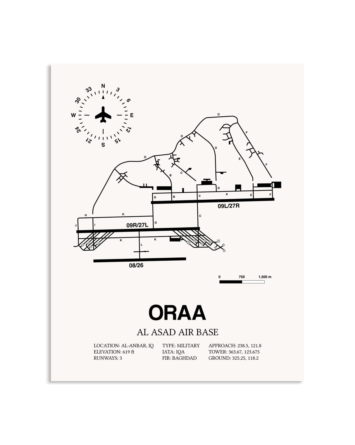 Gray Al Asad Air Base framed poster displayed in an airplane hangar