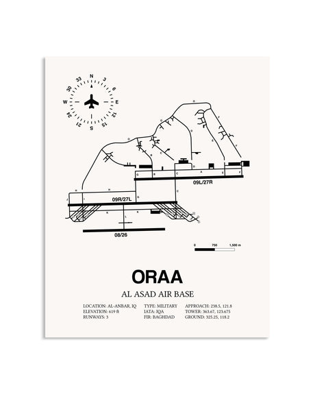 Gray Al Asad Air Base framed poster displayed in an airplane hangar