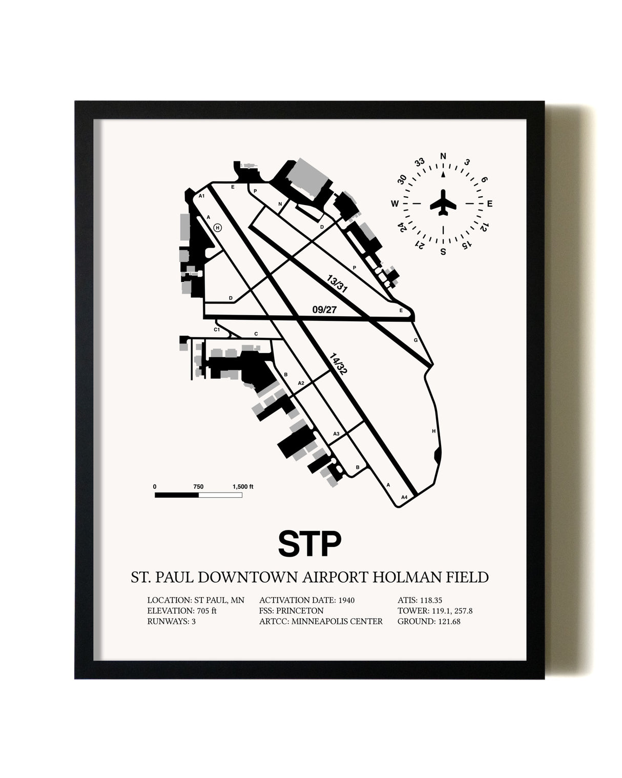 Framed St. Paul Downtown Airport Holman Field wall art poster in black frame