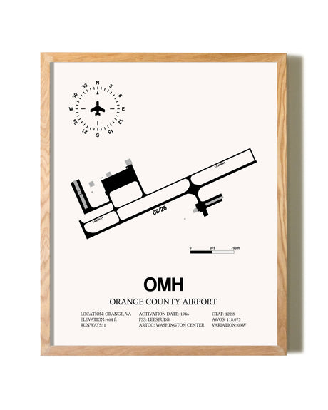 Orange County Airport framed print in natural wood frame