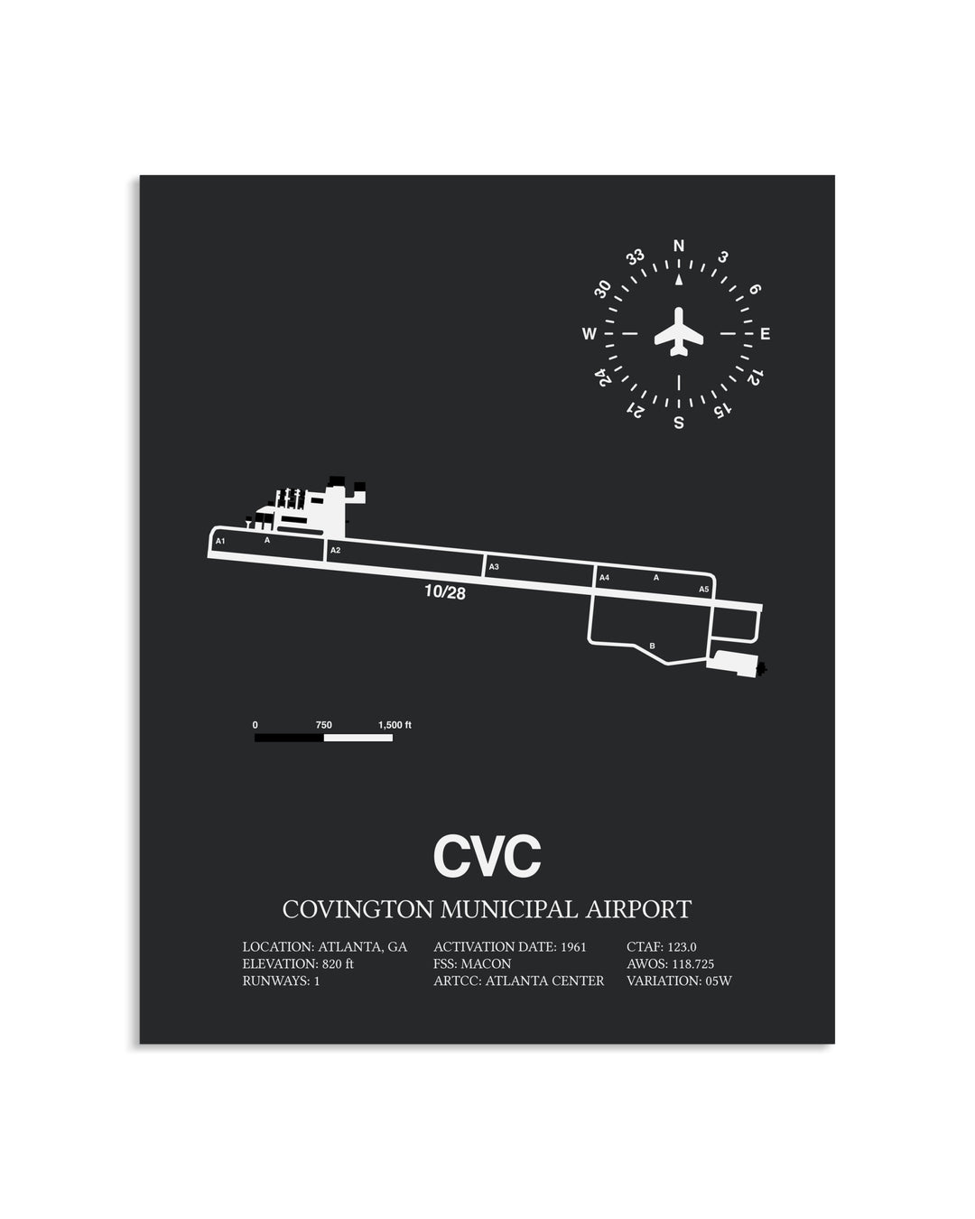 Gray Framed Covington Municipal Airport layout wall art poster