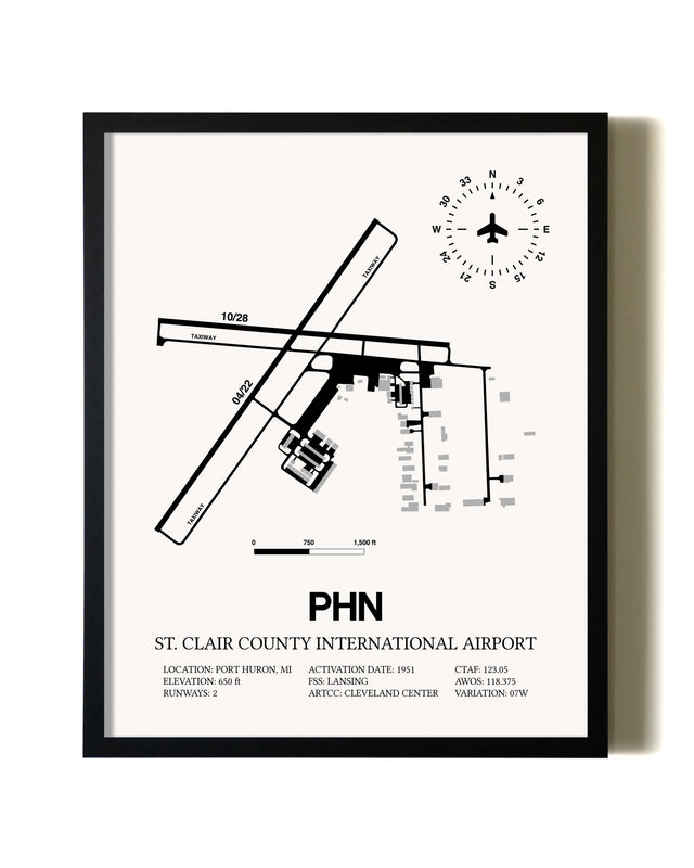 Framed St. Clair County International Airport wall art poster in black frame