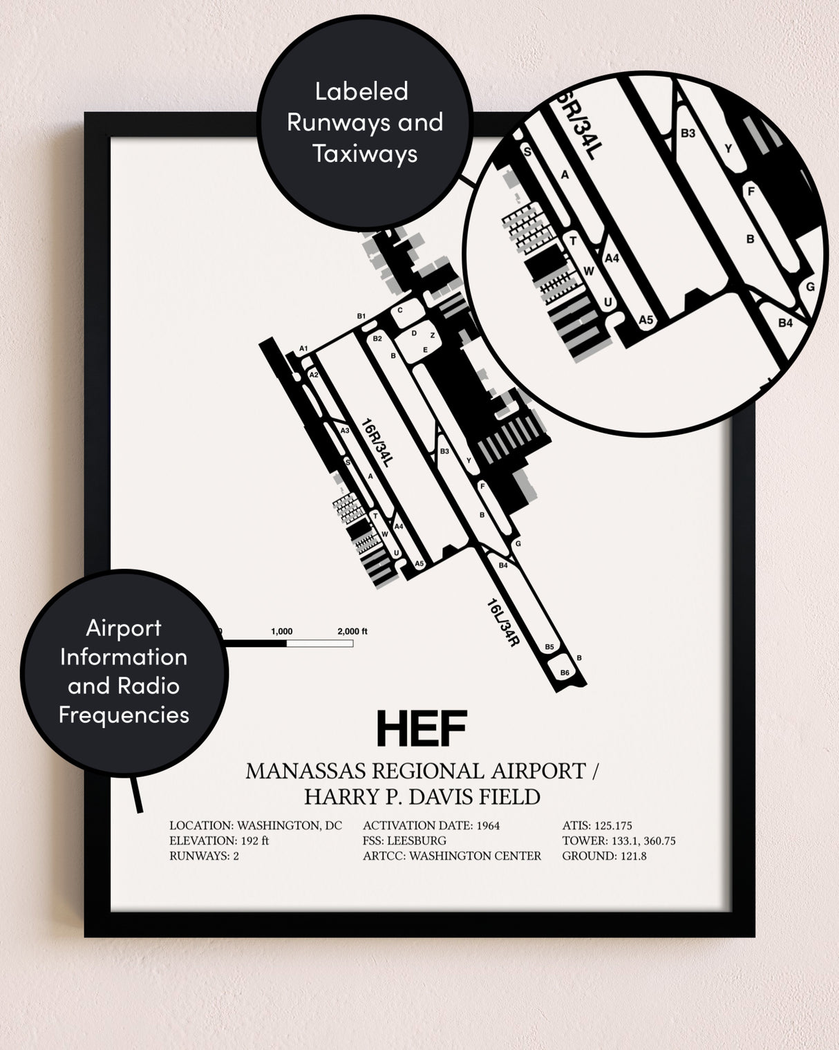 Framed Manassas Regional Airport / Harry P. Davis Field layout wall art poster