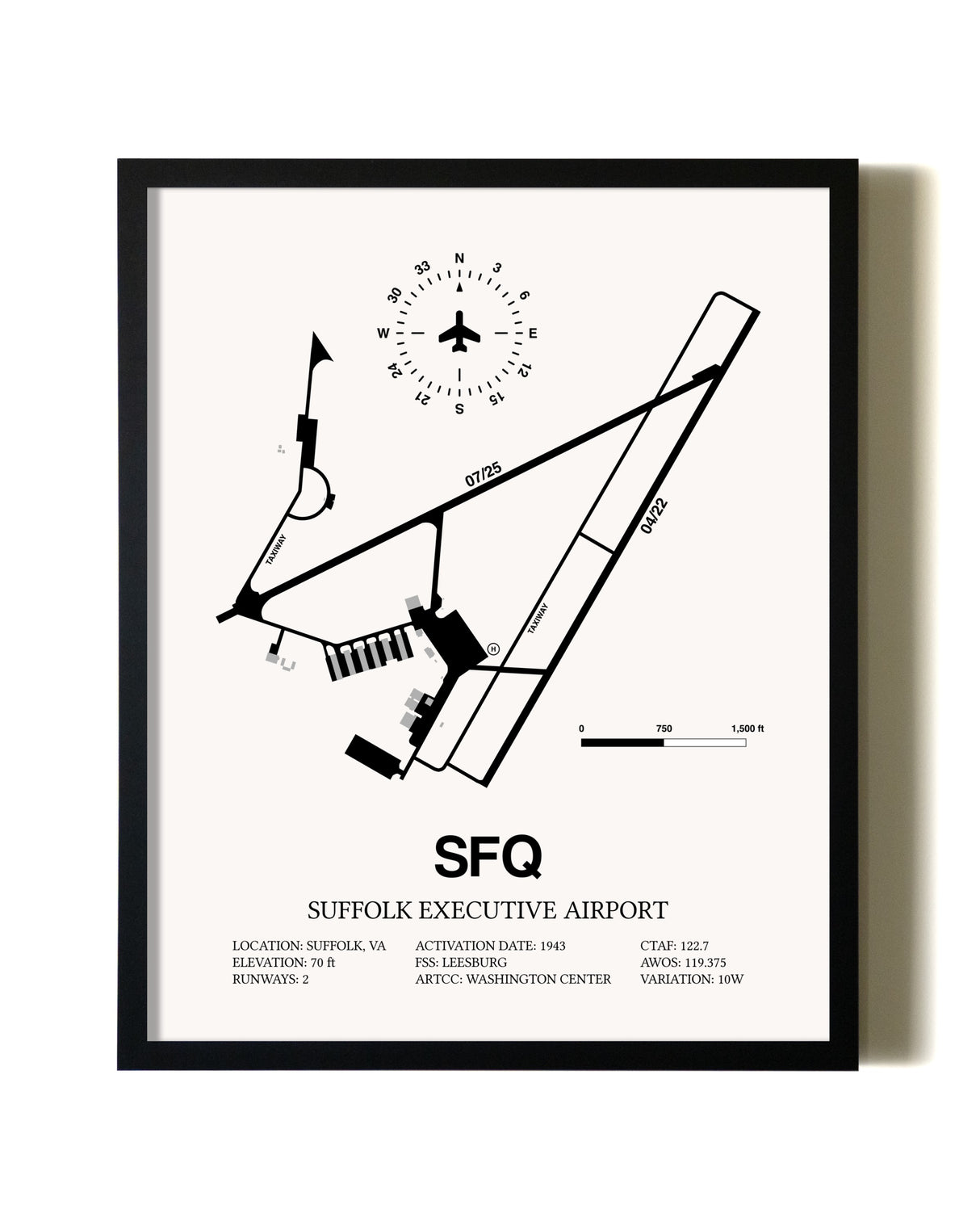 Framed Suffolk Executive Airport wall art poster in black frame