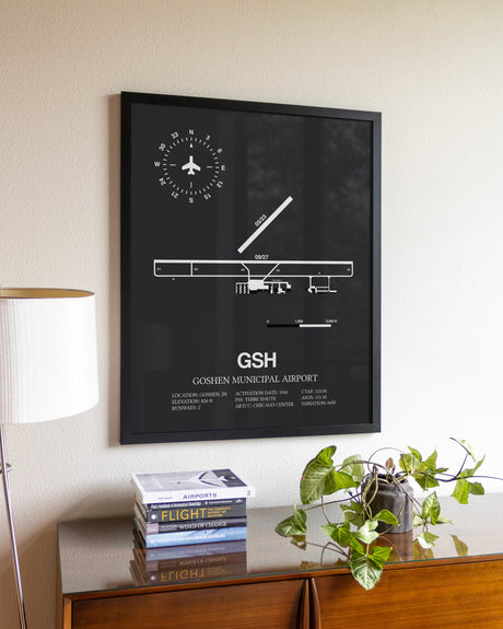 Gray Framed Goshen Municipal Airport wall art poster in black frame