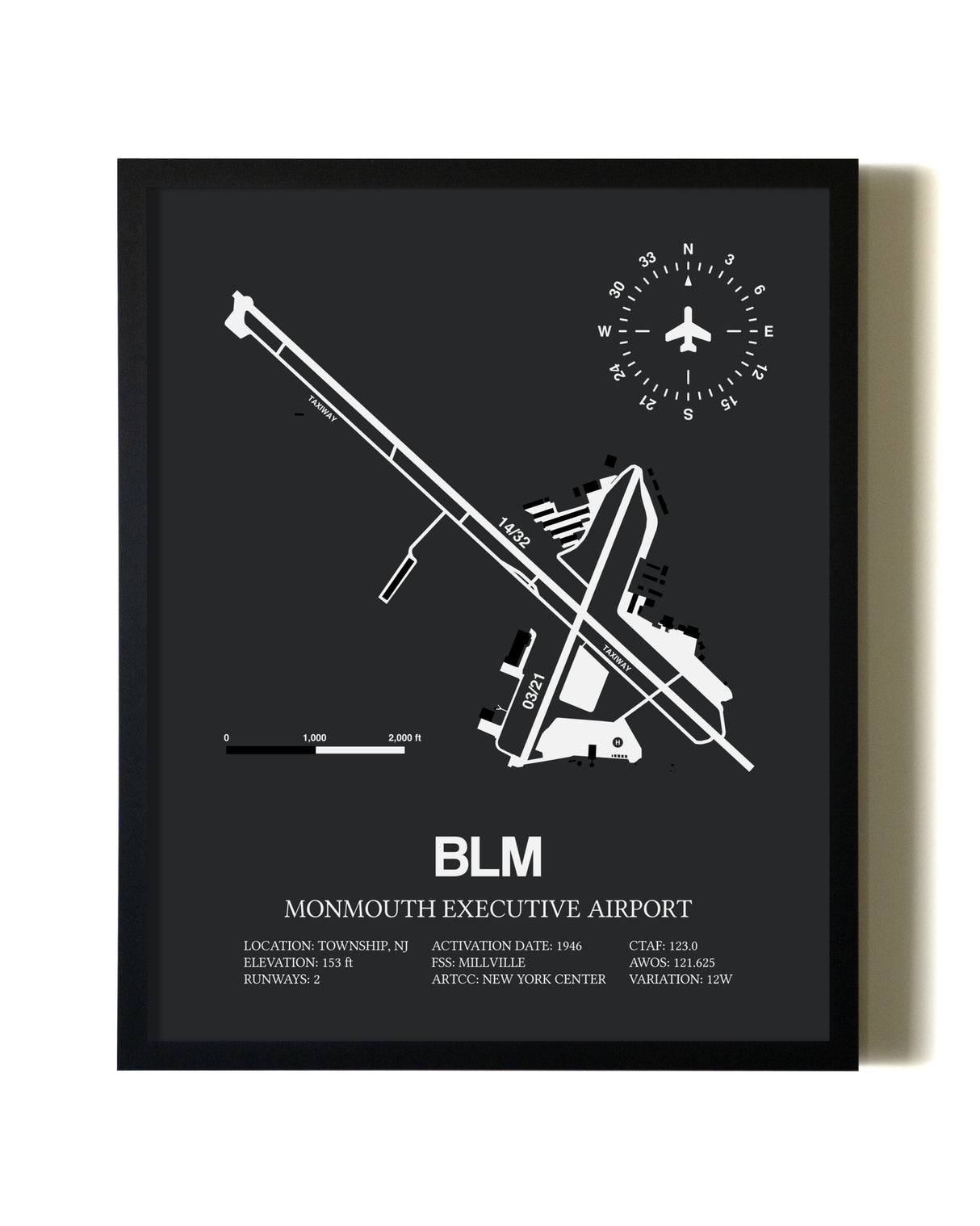 Unframed Monmouth Executive Airport map print poster