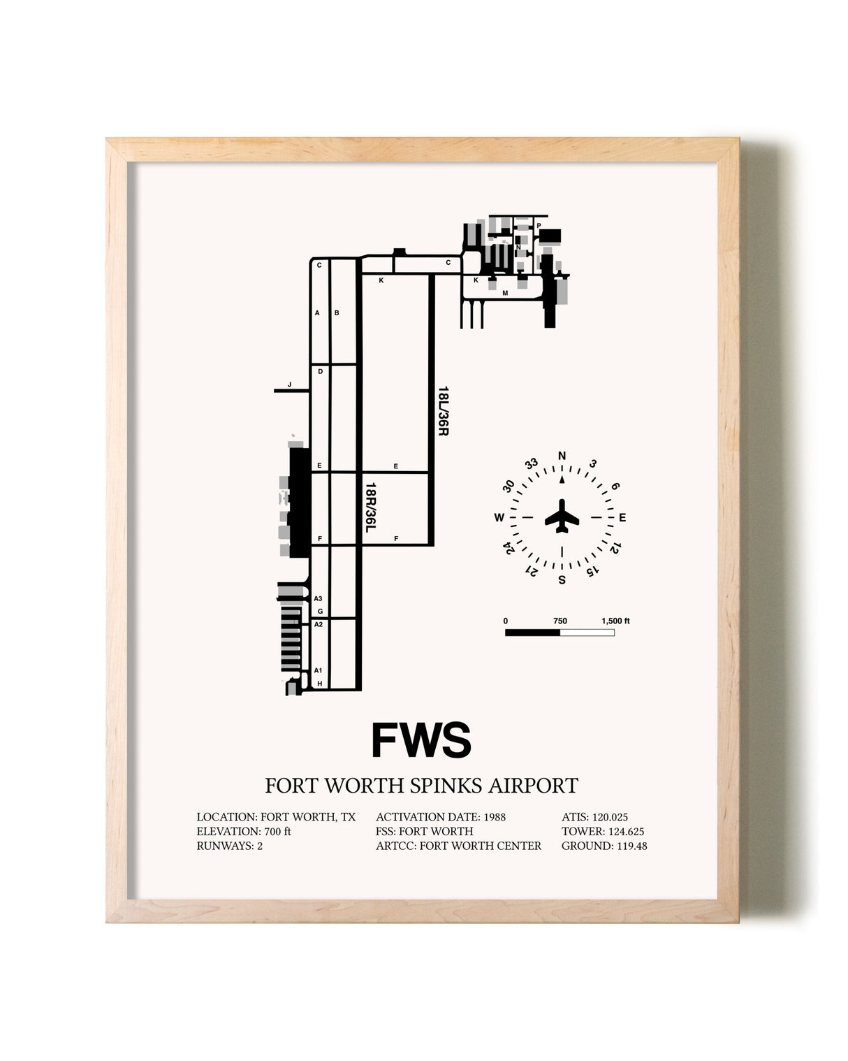 Fort Worth Spinks Airport framed wall art in white frame
