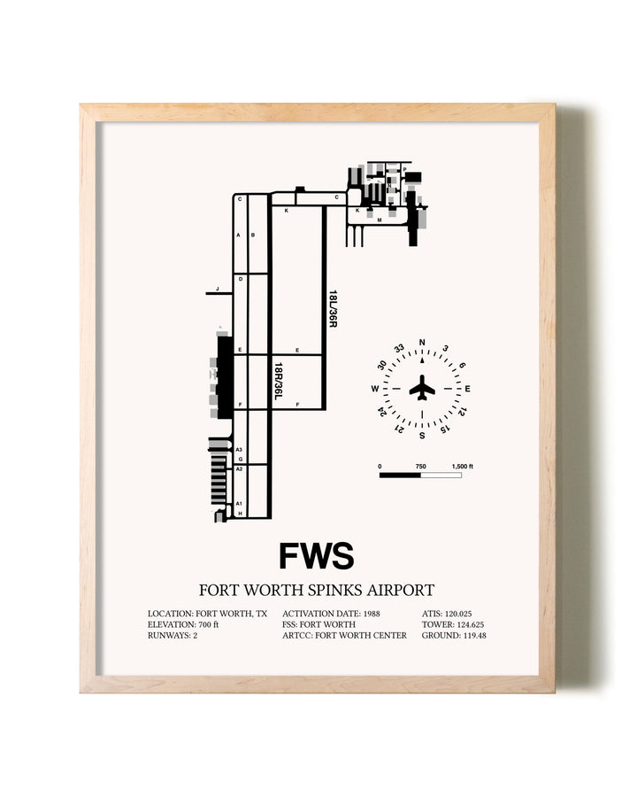 Fort Worth Spinks Airport framed wall art in white frame