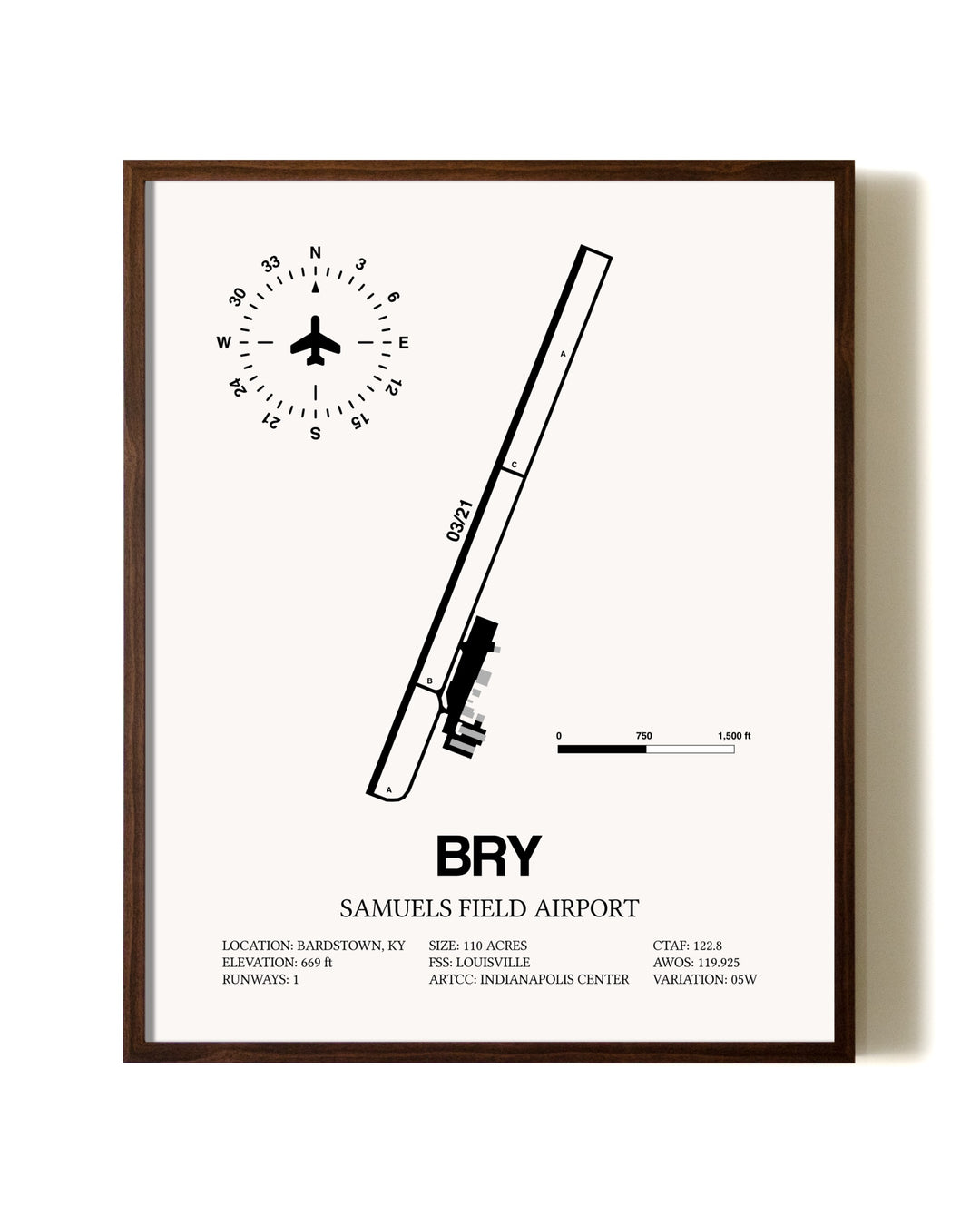 Samuels Field Airport aviation print in walnut frame