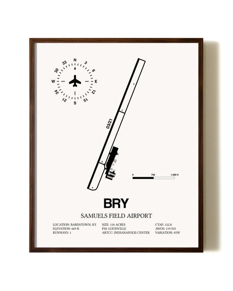 Samuels Field Airport aviation print in walnut frame