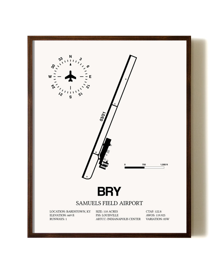 Samuels Field Airport aviation print in walnut frame