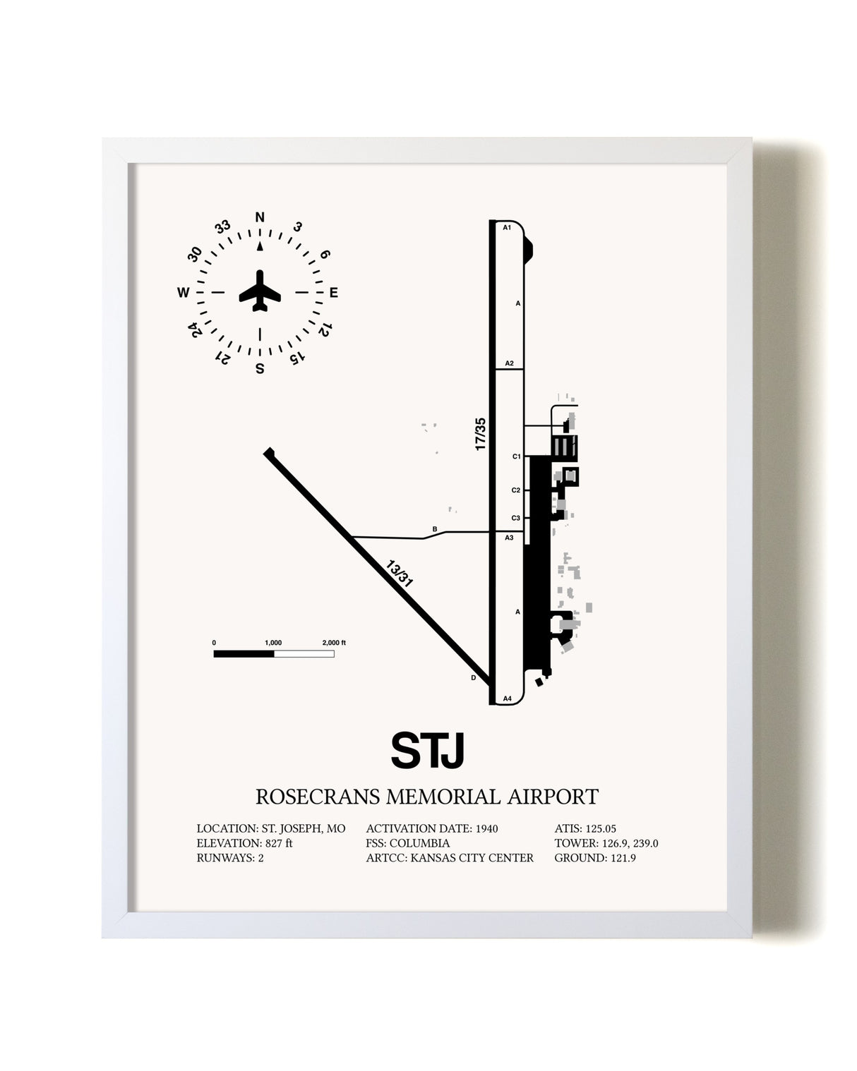Rosecrans Memorial Airport airport map poster in oak frame