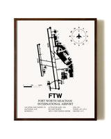 Fort Worth Meacham International Airport aviation print in walnut frame