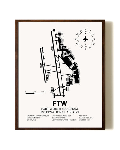 Fort Worth Meacham International Airport aviation print in walnut frame