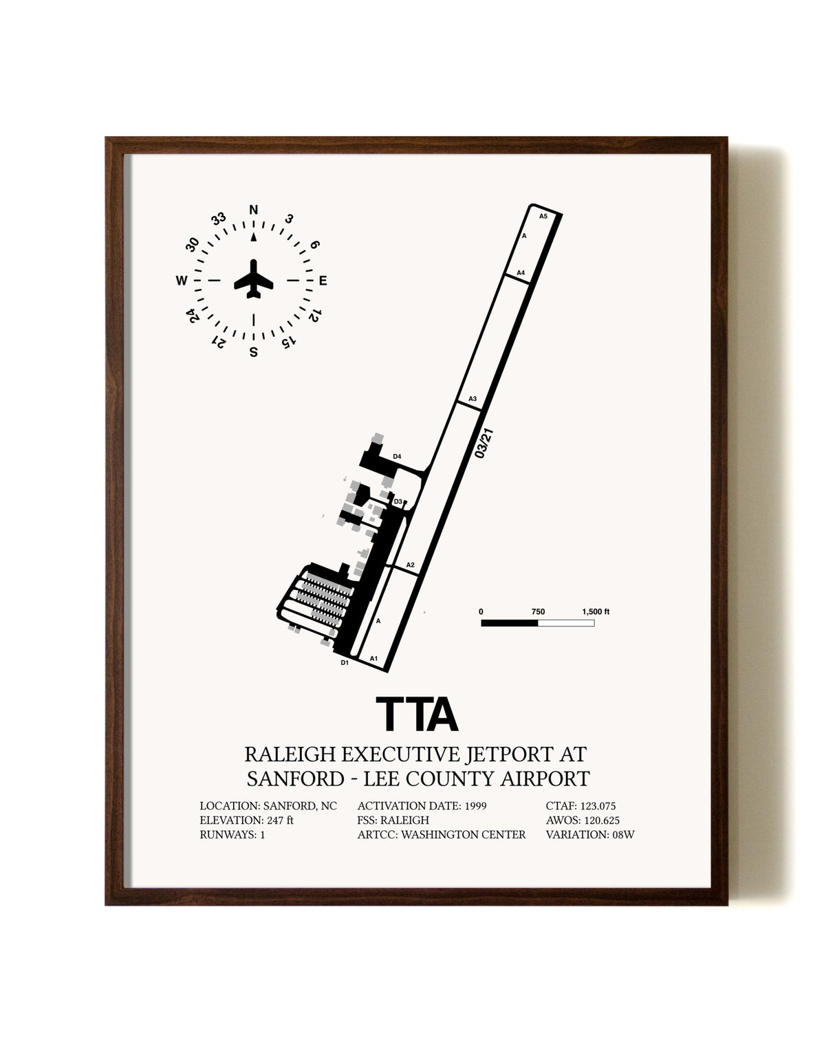 Raleigh Executive Jetport At Sanford-Lee County Airport aviation print in walnut frame
