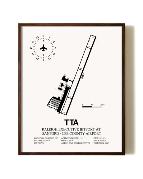 Raleigh Executive Jetport At Sanford-Lee County Airport aviation print in walnut frame
