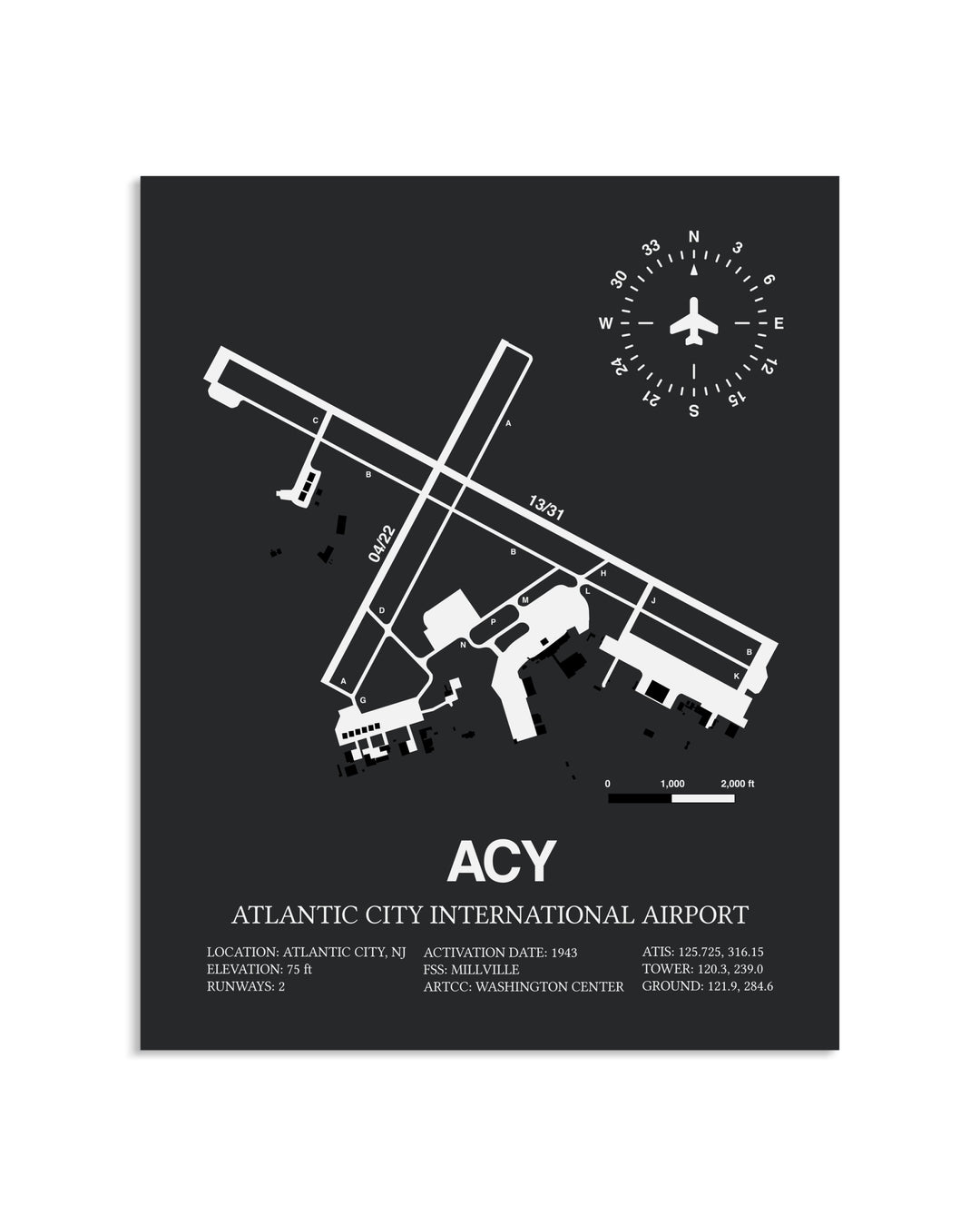 Gray Framed Atlantic City International Airport layout wall art poster