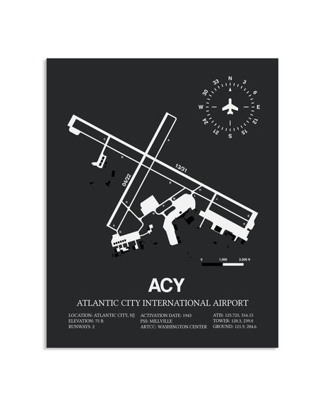 Gray Framed Atlantic City International Airport layout wall art poster