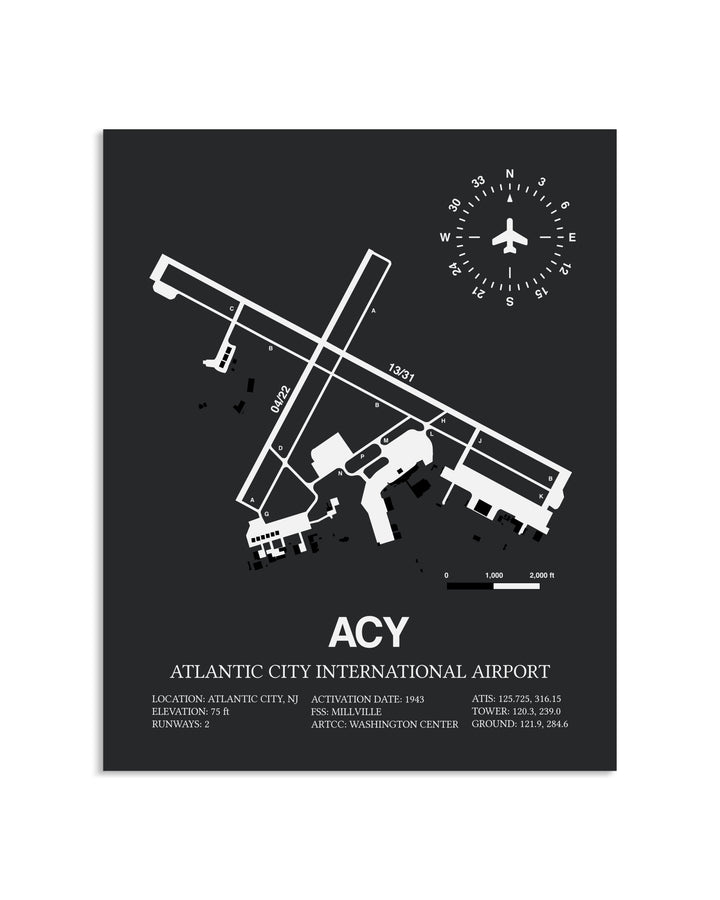 Gray Framed Atlantic City International Airport layout wall art poster