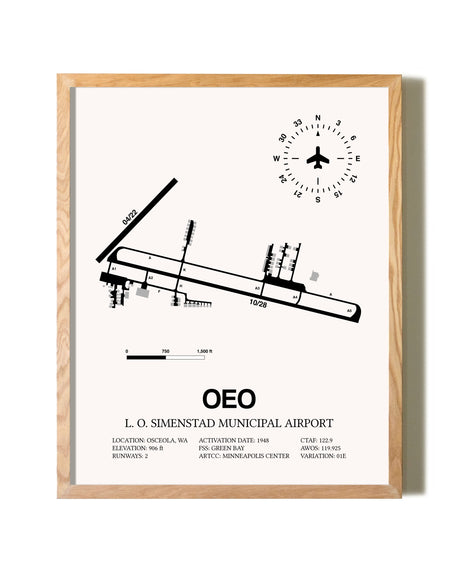 L. O. Simenstad Municipal Airport framed print in natural wood frame