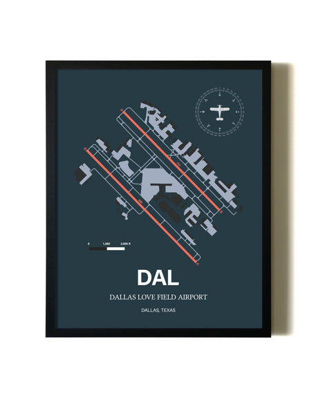 Slate Framed Dallas Love Field Airport wall art poster in black frame