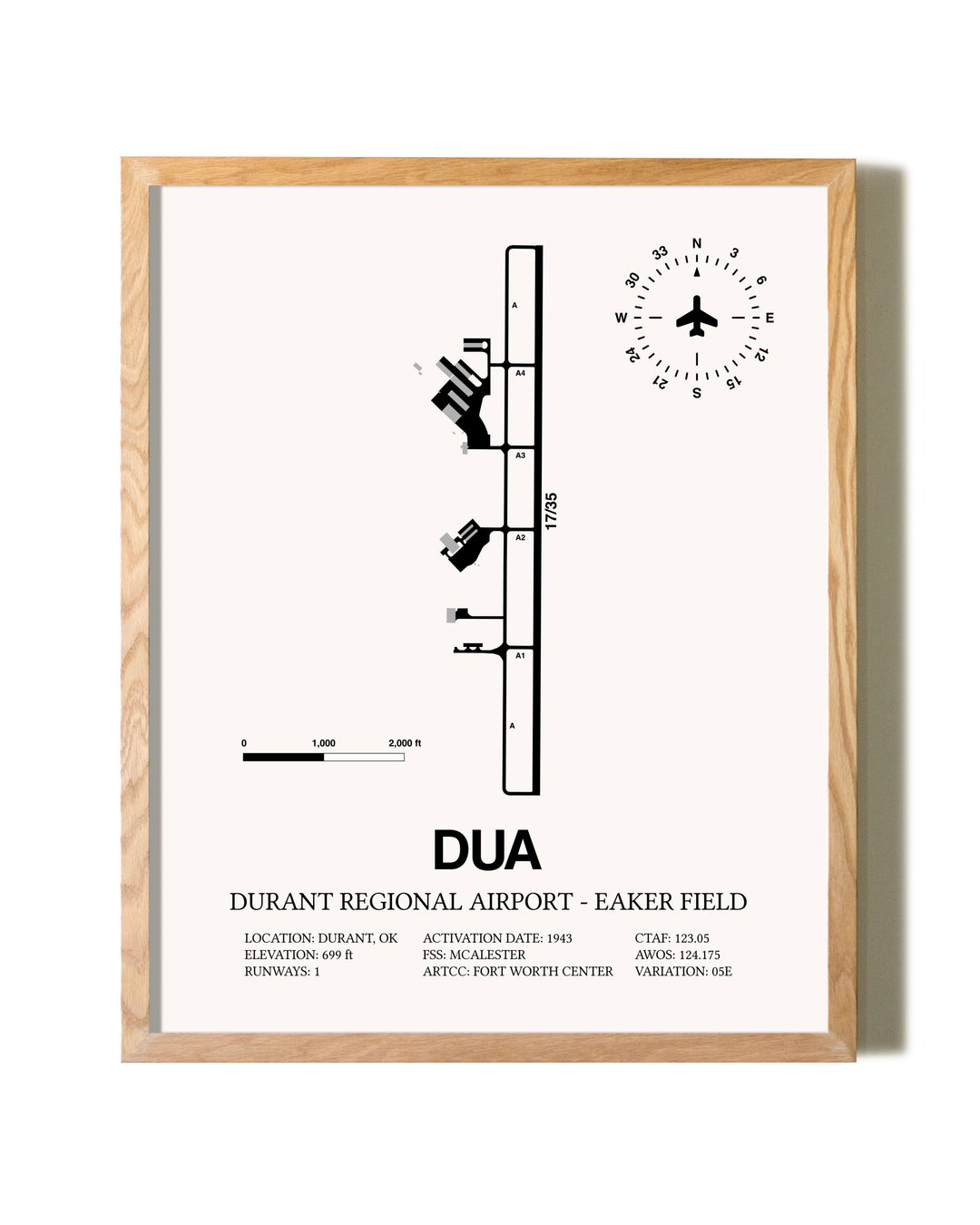 Durant Regional Airport-Eaker Field framed print in natural wood frame