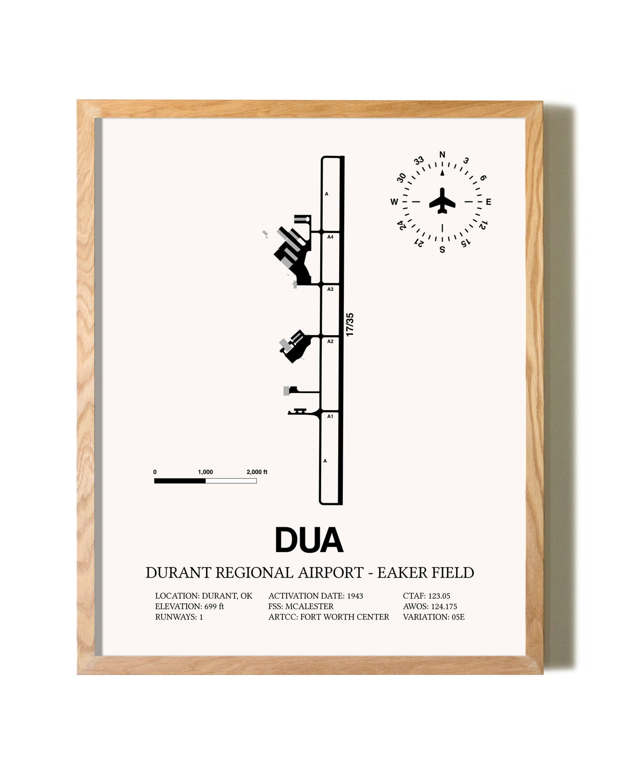 Durant Regional Airport-Eaker Field framed print in natural wood frame