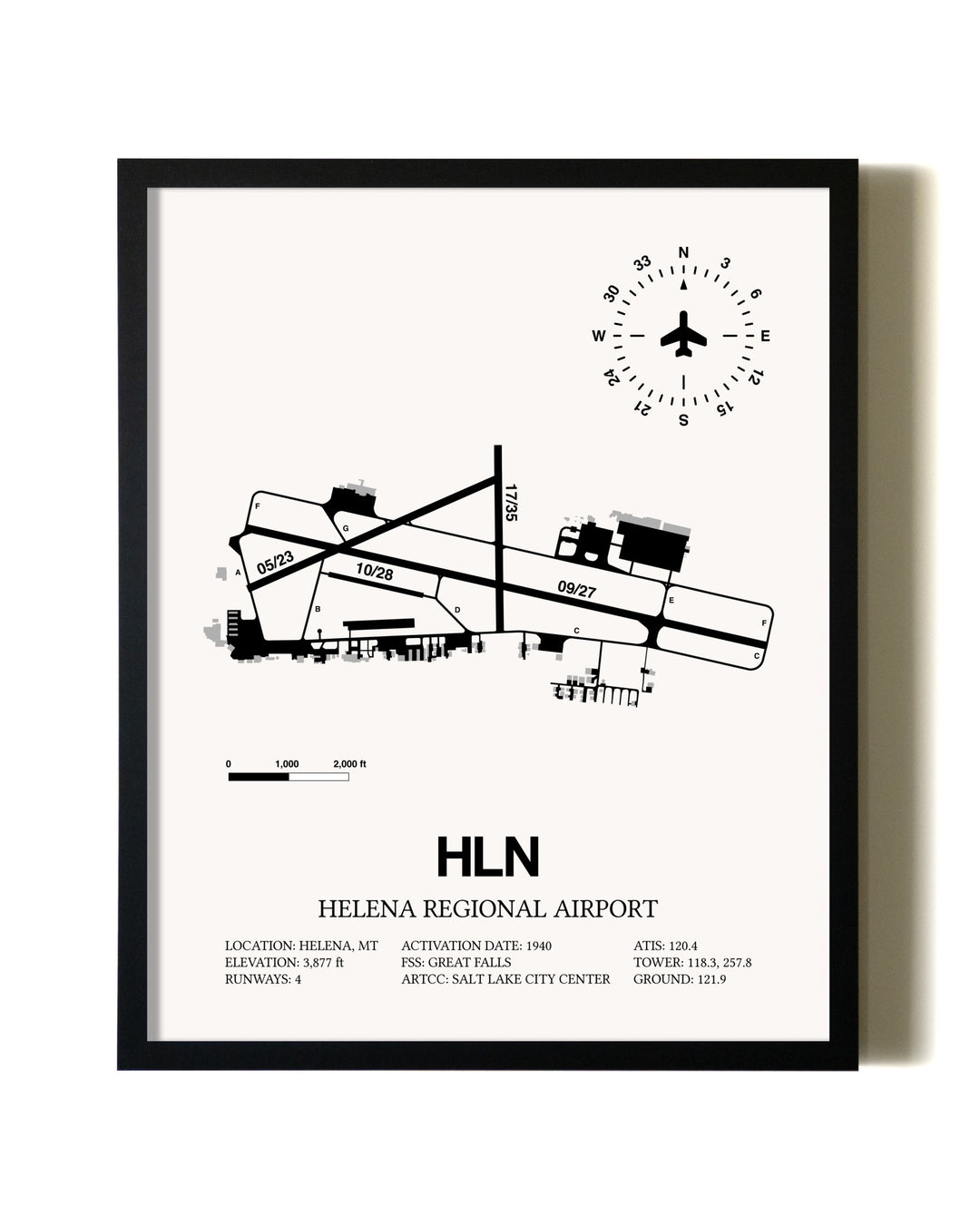 Framed Helena Regional Airport wall art poster in black frame