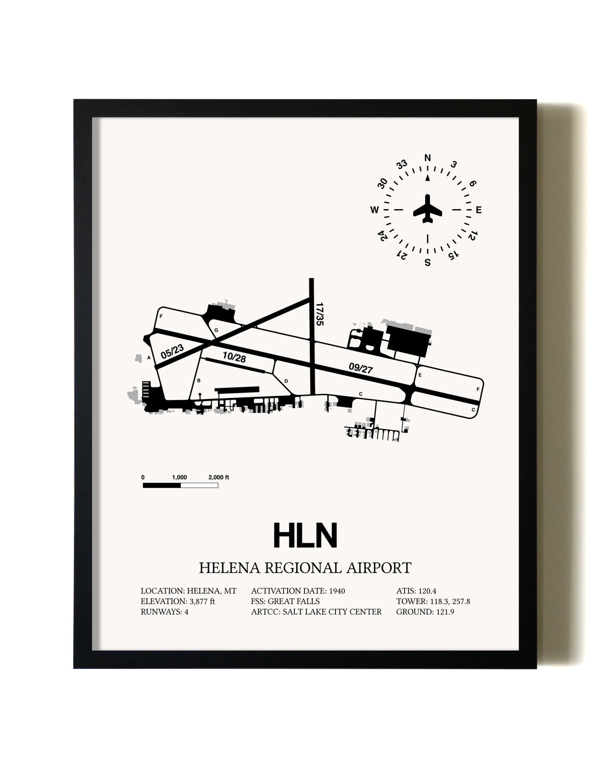 Framed Helena Regional Airport wall art poster in black frame