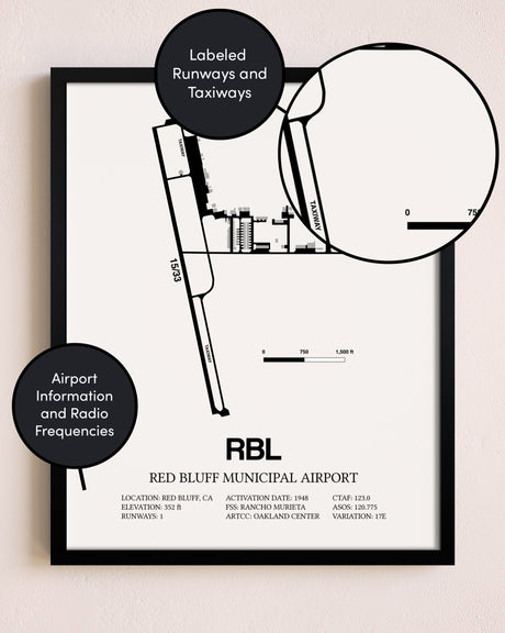 Framed Red Bluff Municipal Airport layout wall art poster