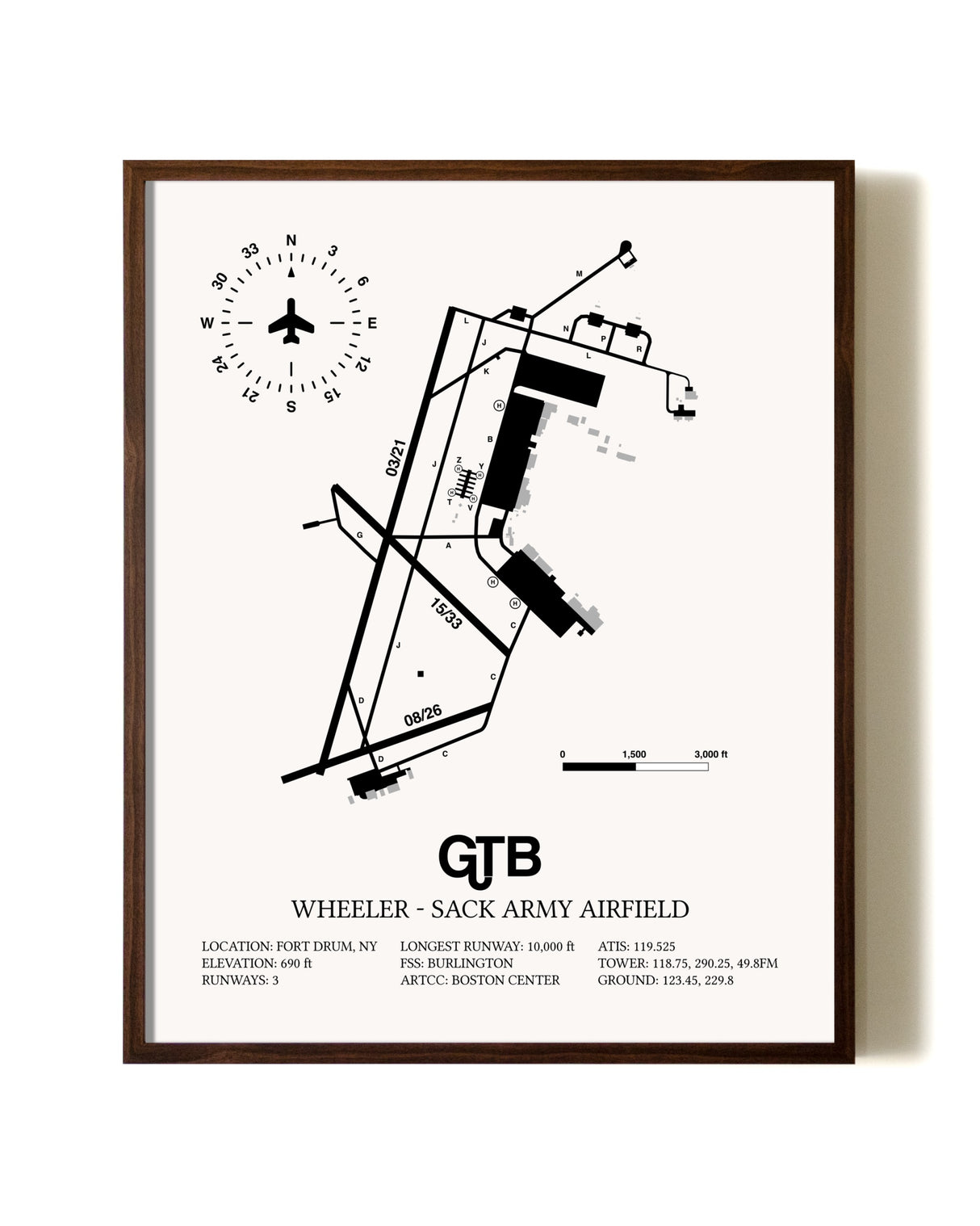 Wheeler-Sack Army Airfield aviation print in walnut frame