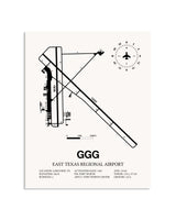 Gray East Texas Regional Airport framed poster displayed in an airplane hangar