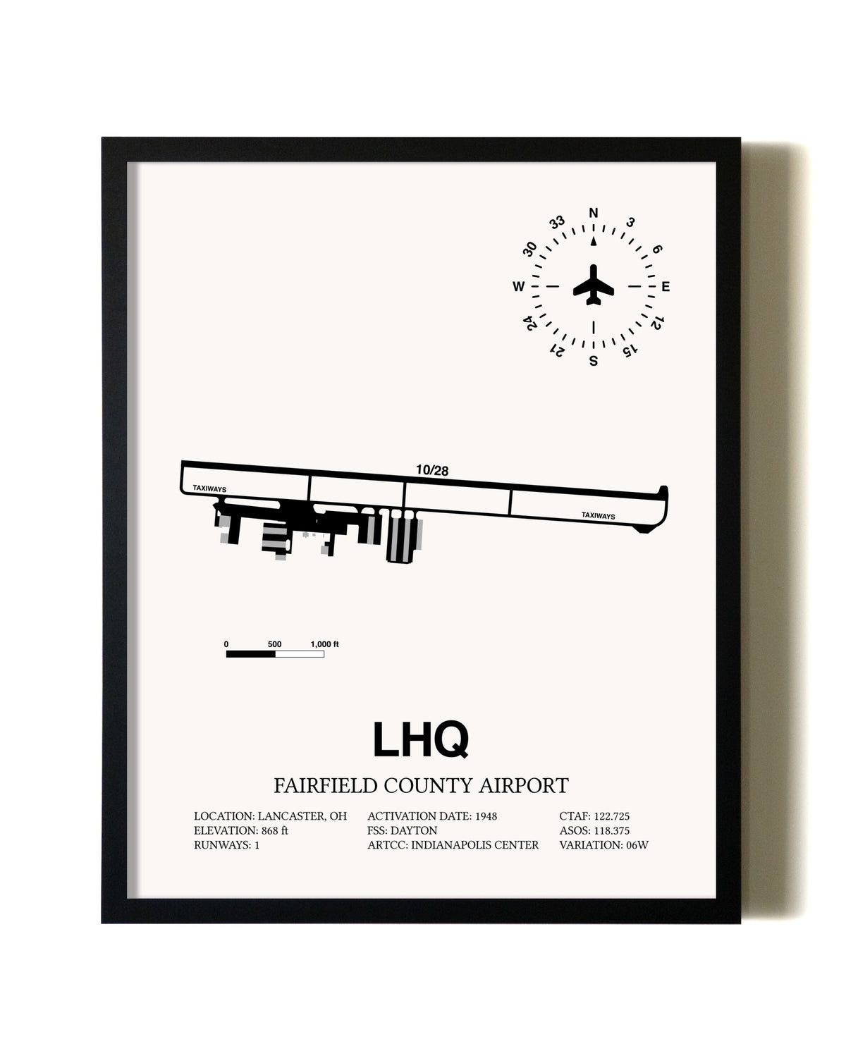 Framed Fairfield County Airport wall art poster in black frame
