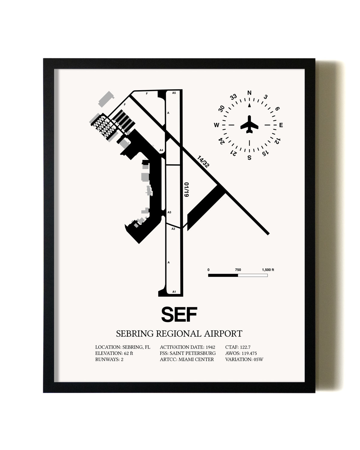 Framed Sebring Regional Airport wall art poster in black frame