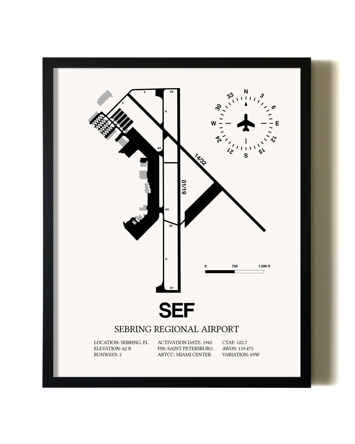 Framed Sebring Regional Airport wall art poster in black frame