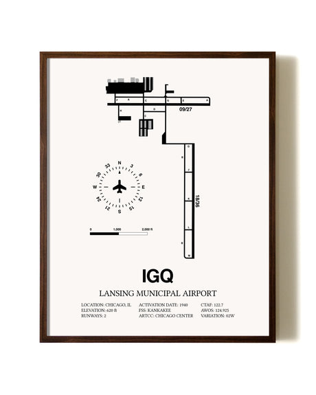 Lansing Municipal Airport aviation print in walnut frame