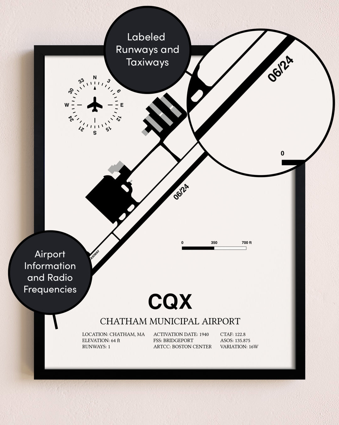 Framed Chatham Municipal Airport layout wall art poster