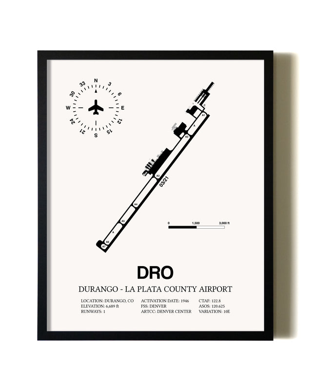 Framed Durango-La Plata County Airport wall art poster in black frame